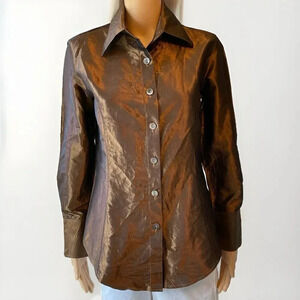 Victoire Y2K metallic Brown long sleeve button-up top satin Silk Blend Women’s S